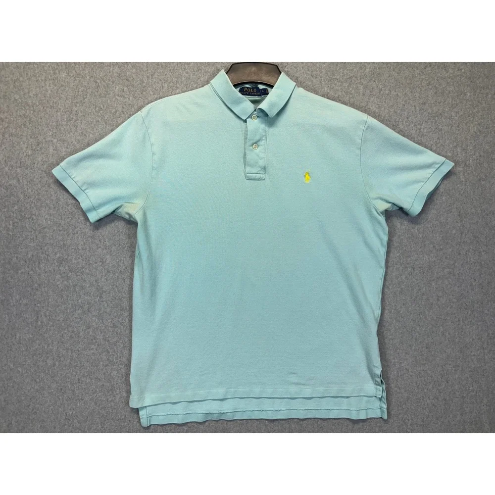 Polo Ralph Lauren Mens Large Light Blue Short Sleeve Pique Polo Yellow Pony